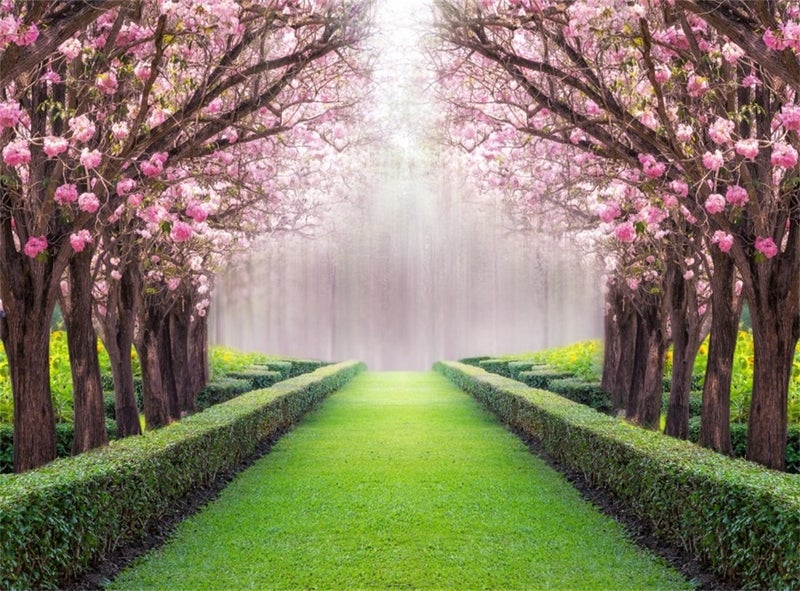 Leowefowa Vinyl 10x8ft Spring Backdrop Valentine's Day Cherry Blossom Green Grass Meadow Plants Countyard Nature Outdoor Wedding Photography Background Girls Lover Photo Studio Props - Image 1